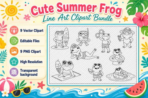 Download Cute Summer Frog Line Art Clipart Bundle - Summer Collection
