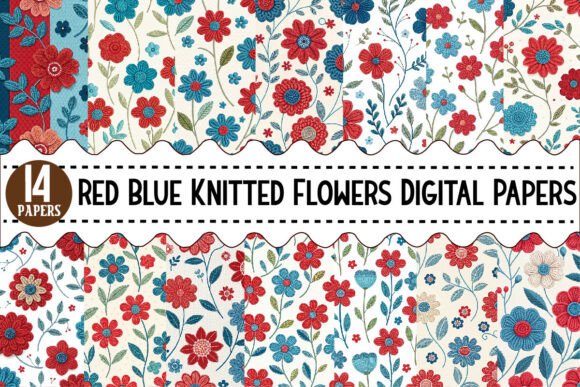 Download Red Blue Knitted Flowers Digital Papers - Digital papers Collection